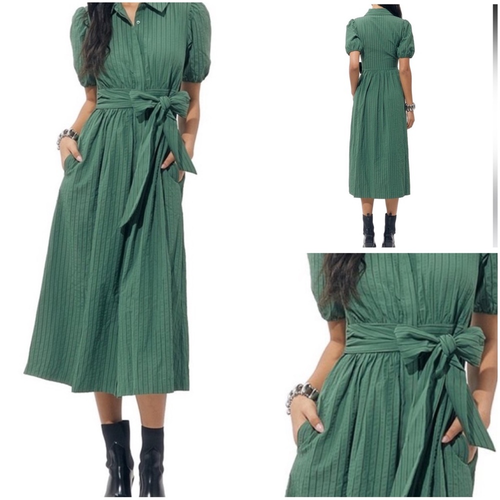 NWT Adelyn Rae Traici Woven Puff Short Sleeve Button Down Midi Shirt Dress Sz S